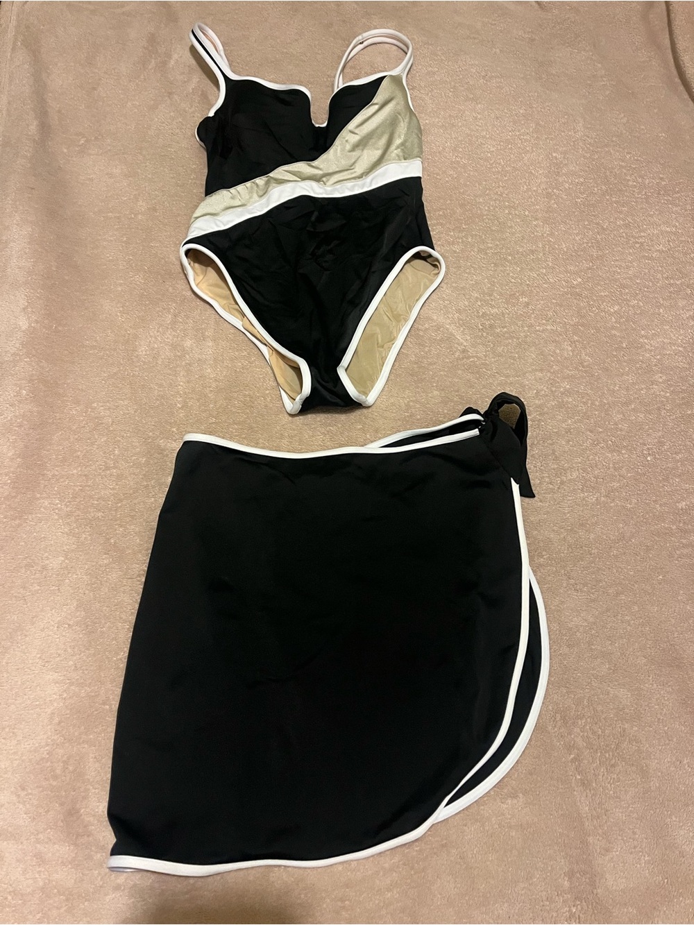La Perla Sport Black Swimsuit with White and Gold Trim and wrap skirt cover up